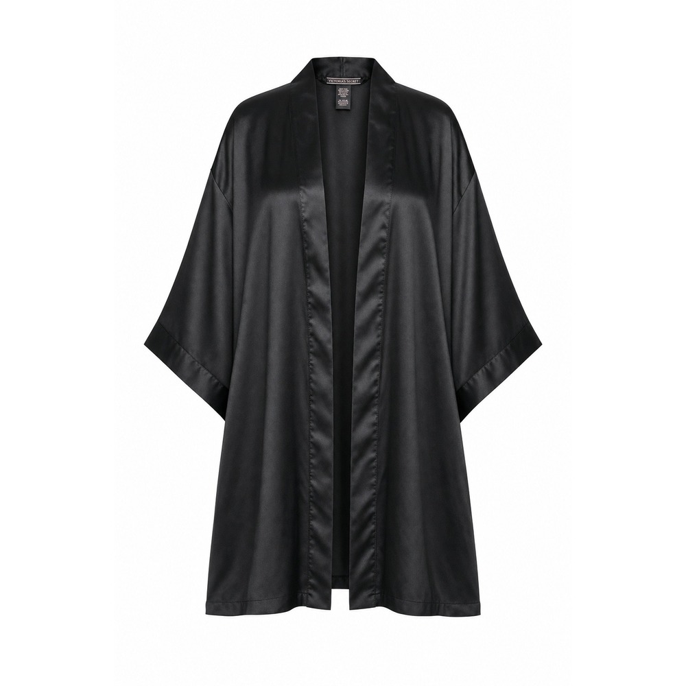 Victoria's Secret‎ Black Satin Robe Kimono Short Wrap M/L Wedding Boudoir